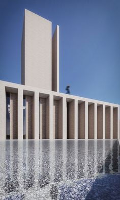 an architectural rendering of the exterior of a building with water reflecting off it's surface