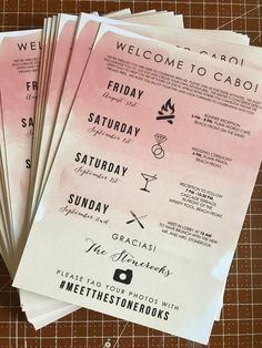 some pink and white flyers are stacked on top of each other with the words welcome to cahoi