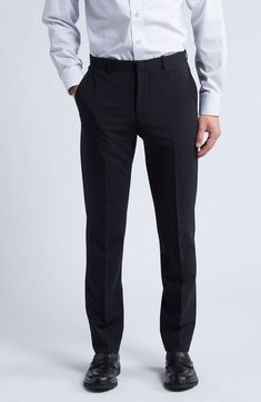 Smart and versatile, these dress pants tailored from polished wool feature a touch of stretch to keep you moving comfortably at any formal occasion. 36 1/2" inseam; 15" leg opening; 9 1/2" front rise; 15" back rise (size 30) Zip fly with hook-and-bar closure Front slant pockets 96% wool, 4% elastane Dry clean Imported Balck Dress, Black Suit Pants, Radium Girls, Black Dress Pants Men, Formal Pant, Pants Tailored, Girls Closet, Classic Black Dress, Girl Closet