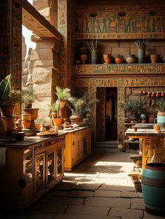 an ancient kitchen with potted plants on the counter