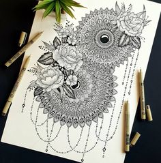 a drawing of an owl with flowers on it