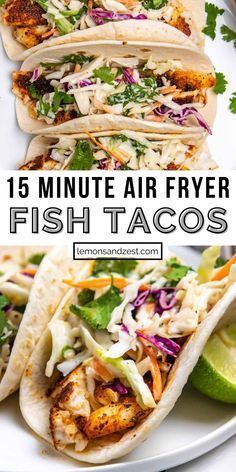 fish tacos on a plate with limes and cilantro