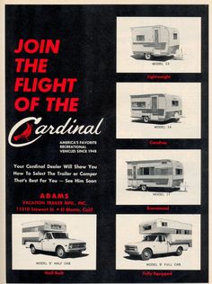 an advertisement for recreational vehicles from the 1950's, featuring different types of campers