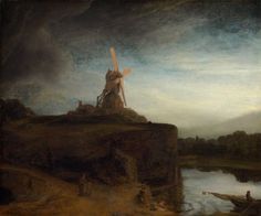 a painting of a windmill on top of a hill next to a body of water