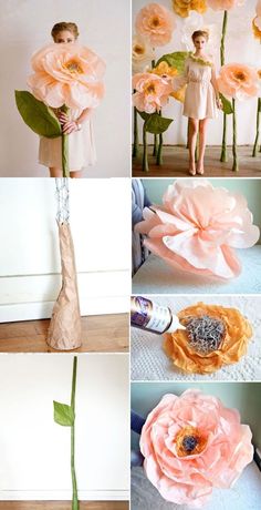 the process of making paper flowers is shown in four different stages, including one being made from