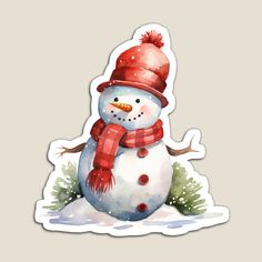 a snowman wearing a red hat and scarf