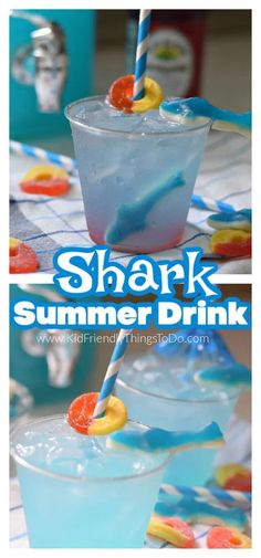 two glasses filled with blue liquid and strawberries on top of each other, next to the words shark summer drink