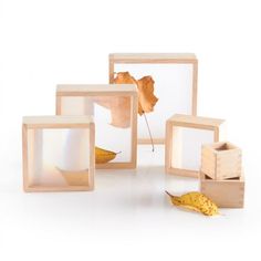 four wooden frames with leaves in them on a white surface, one is empty and the other two are closed