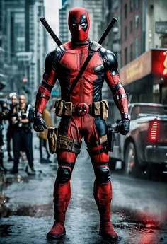 a deadpool is standing in the middle of a city street with his hands on his hips