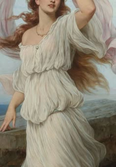 a painting of a woman with long red hair holding an umbrella over her head and wearing a white dress