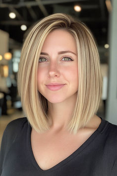 Soft A-line bob hairstyle for straight hair, designed to gently frame the face. One Length Angled Bob, Bobs Straight Hair, Blonde Inverted Bob Medium, Lob Collar Bone Length Straight, Shoulder Length Bob Straight, Medium Length Hairstyle For Fine Hair, Graduated Bob Fine Hair, Mid Length Bob Haircut, Angled Bob Fine Hair