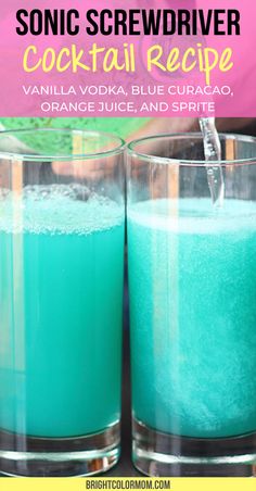 two glasses filled with blue and green liquid next to the words sonic screwer cocktail recipe