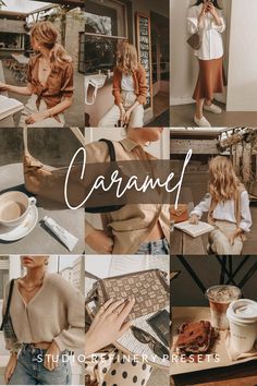 a collage of photos with the words caramel written in cursive font