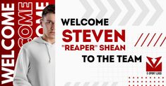 a man standing in front of a red and white sign with the words welcome to steve stevens reader's mean to the team