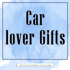 the words car lover gifts in black on a blue watercolor background with a square frame