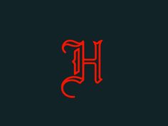 the letter h is made up of red letters on a black background with an orange outline