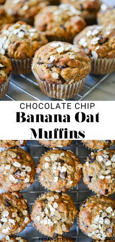 chocolate chip banana oat muffins on a cooling rack with text overlay