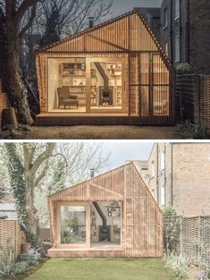 two photos side by side showing the inside and outside of a house with wooden sidings