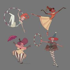 four cartoon characters with different poses and hair styles, one is holding a hoop while the other