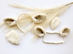 several pieces of white fur are laid out on the floor next to a feather tail