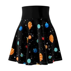 A versatile fit AOP skater skirt with a cozy, soft touch and a casual look. Inspired by the freedom of creativity, it will instantly become your everyday favorite. .: 95% Polyester 5% Spandex .: Versatile fit .: Printed on care label in black color .: White thread color .: Assembled in the USA from globally sourced parts Skater Skirt Winter, Black Skirt Casual, Cartoon Planets, Blue Skater Skirt, Pride Shoes, Goth Boots, Solar System Planets, Cute Goth, Gothic Clothes