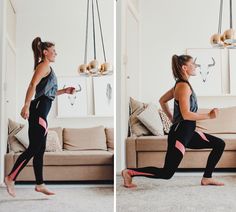 a woman is running in her living room