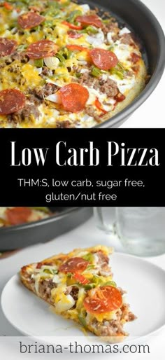 low carb pizza on a white plate with the title below it and an image of a slice missing