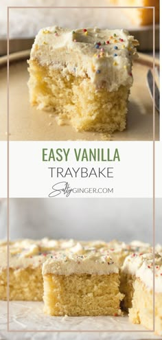 easy vanilla tray bake with frosting and sprinkles on the top