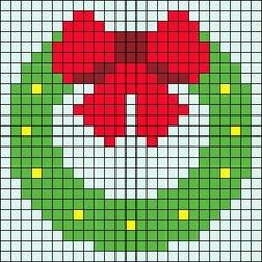 a cross stitch christmas wreath with a red bow on it's head in green and yellow squares