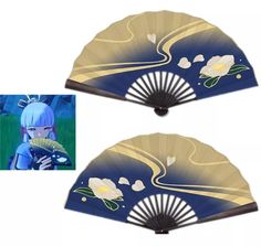 two fans with designs on them, one is blue and the other has white flowers