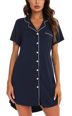 PRICES MAY VARY. Material —— Short Sleeve Button Nightgown is made of 95% Viscose and 5% Spandex, the fabric is ultra soft, breathable, skin-friendly and high elastic, comfortable short nightshirt for women. Boyfriend Style Sleepwear —— Long / Short sleeves, notch collar, v neck, button front, contrast piping, mid-thigh length, curved high-low hem add more fashion sense.postpartum essentials/Breastfeeding shirts for women/Nursing Pajamas Above the Knee length sleepdress is cool. Button up nights Button Down Sleep Shirt, Breastfeeding Shirt, Nursing Pajamas, Pajama Dress, Nightgowns For Women, Sleep Dress, Friendly Design, Sleep Shirt, Long Shorts