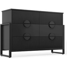 a black cabinet with four round knobs on the front and two doors at the bottom