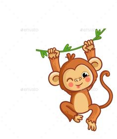 a cute monkey hanging from a branch with leaves on it's back - animals characters