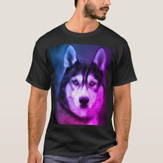 a man wearing a t - shirt with a photo of a husky dog on it