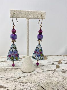 Statement Earrings, Enameled Copper Earrings, Lampwork Earrings, Floral Earrings, Artisan Made Earrings - Etsy Unique Purple Earrings With Ear Wire, Purple Metal Earrings As Gift, Purple Metal Earrings For Gift, Pink Enamel Jewelry With Matching Earrings, Artistic Purple Earrings For Gift, Artsy Purple Jewelry For Gifts, Artistic Hand-painted Purple Earrings, Unique Single Purple Earring, Artistic Hand Painted Purple Jewelry