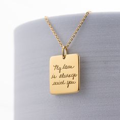 RECTANGLE CHARM HANDWRITING NECKLACE- LOVED ONE'S HANDWRITING NECKLACE- HANDWRITING NECKLACE DETAILS: Material: .925 Sterling Silver - Color: Silver, Gold Filled, Rose Gold Filled *Gold Filled is made of thick 14k gold or rose gold layered on .925 sterling silver. - Pendant side: 16X18mm - Chain type: there are 5 kind of chain ( cable chain- figaro chain- mini link chain- Mariner Chain) - Chain Length: Select the length you want from the Length drop down menu. PERSONALIZATION You can choose the Charm Handwriting, Handwriting Necklace, Custom Signature, Signature Necklace, Figaro Chain, Jewelry Lookbook, Jewelry Inspo, Recycled Sterling Silver, Custom Necklace