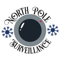 the north pole surveillance logo is shown in black and white with snowflakes around it