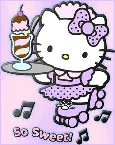 a cartoon hello kitty holding a plate with a cake on it and music notes around her