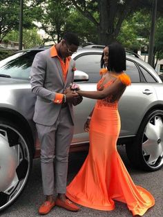 Orange Prom Couple, Prom Couples, Mermaid Style Dress, Cute Prom Dresses, Prom Looks, Pretty Prom Dresses, Prom Outfits