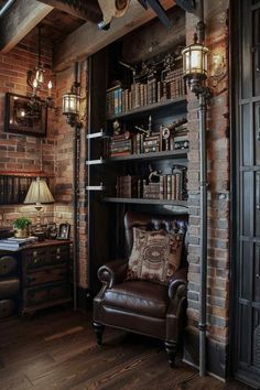 an old - fashioned chair sits in front of a bookshelf with lots of books on it