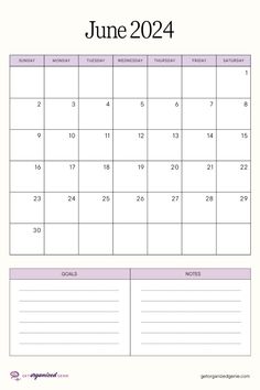 the june calendar is shown in purple and white