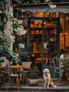 a dog sitting in front of a restaurant