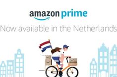 a man riding a bike with the words amazon prime now available in the netherlands