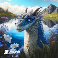 a painting of a blue dragon with flowers around it's neck and wings, in front of a lake