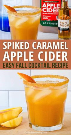 two glasses filled with apple cider cocktails on top of a wooden table