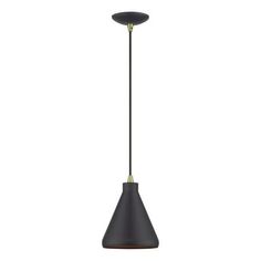 a black and gold hanging light fixture on a white background, with the bulb turned upside down