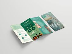 an open tri fold brochure is displayed on a white surface with green accents