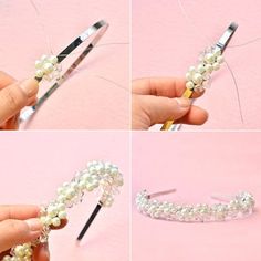 how to make a pearled headband with scissors and hair pins - step by step