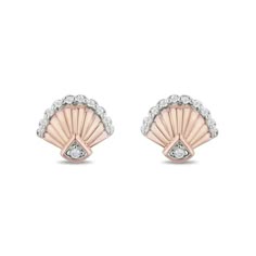 Expect smooth sailing in style with these sweet diamond stud earrings from the Enchanted Disney Fine Jewelry Collection inspired by Ariel. Crafted in precious 10K rose gold, each blissful earring showcases a grooved shell shimmering with diamonds along the scalloped border and fan-shaped pinnacle. Captivating with 1/10 ct. t.w. of diamonds and a bright polished shine, these post earrings secure comfortably with friction backs. ©Disney Disney Earring, Enchanted Disney, Enchanted Jewelry, Disney Earrings, Enchanted Disney Fine Jewelry, Disney Fine Jewelry, Scalloped Border, Jewelry Illustration, Smooth Sailing