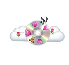 the cd is in the clouds with hearts and music notes on it's side